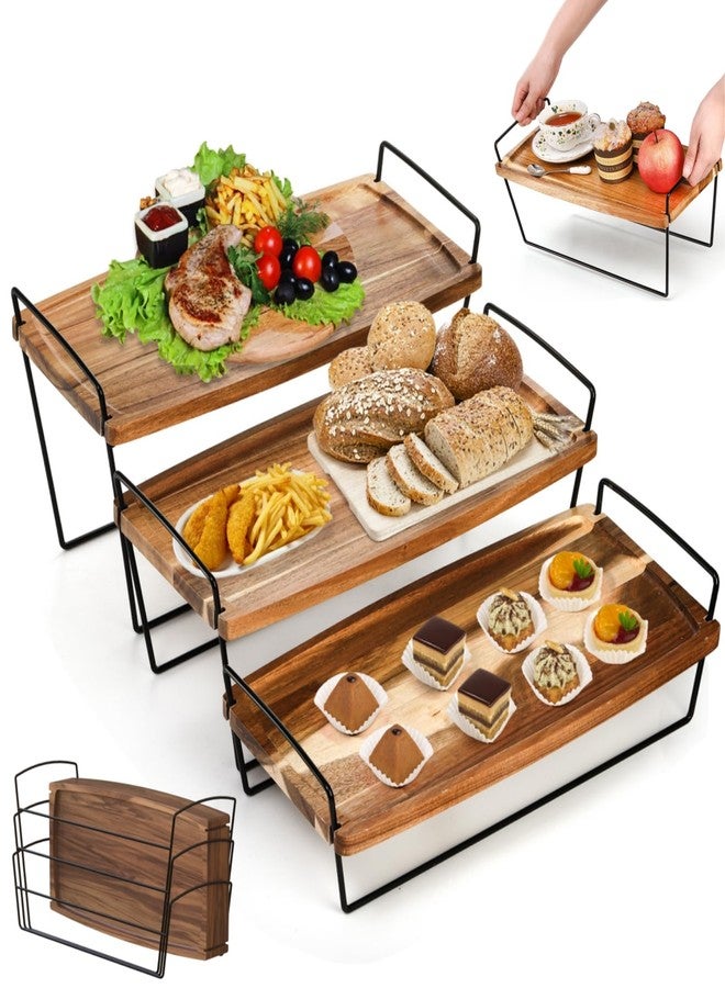 Eorbow 3 Tier Serving Tray, 16" Acacia Wood Cupcake Tower Stand, Tiered Dessert Display Platter with Handle, Decorative Charcuterie Boards for Food, Appetizer, Sandwich, Entertaining, Party - Image 1
